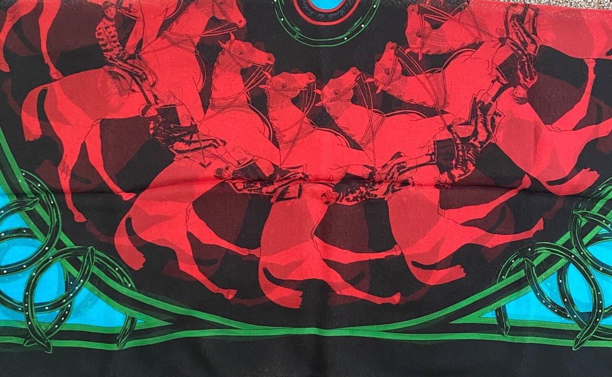 NWOT Hermes Scarf 90cm Mousseline Silk Chiffon Black Red LA RONDE