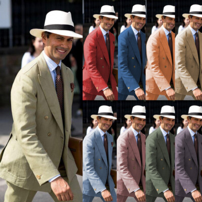 British Linen Men Suit Double Breasted Peak Lapel Wedding Groom Tuxedo Slim Fit