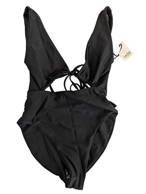 JADE SWIM Black Swimsuits Cava Ruched Tie Front Deep V Open Scoop XS NEW RRP 220