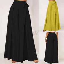 UK Stock Womens High Waist Flare Wide Leg Pants Culotte Casual Palazzo Trousers