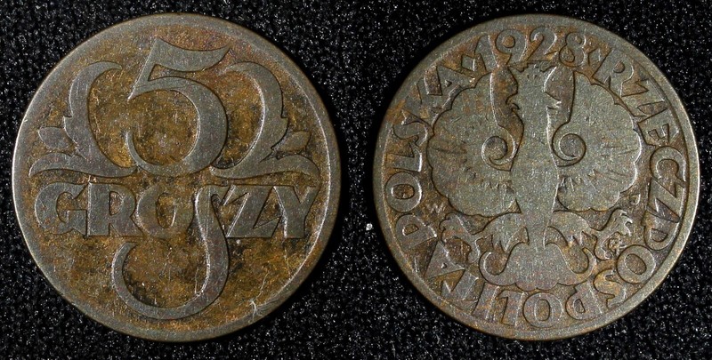Poland Bronze 1928 5 Groszy  Warsaw Mint Y# 10a (27 966)