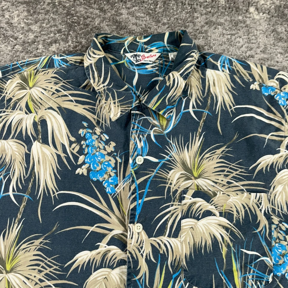 Vintage Structure Hawaiian Shirt Mens XL Blue Linen Blend Floral Print 90s Camp - Image 2 of 4