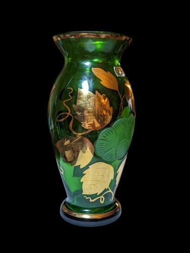 Vintage Venetian Czech Egermann Green Glass Gold Gild Vase with Etched Flowers - Picture 5 of 7