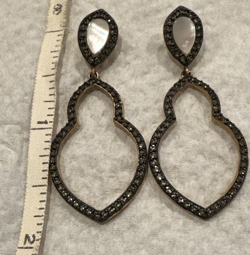 Frieda Rothman Mother Of Pearl, Pave and Black Rhodium Gold Dangle Earrings CZ - Picture 4 of 8