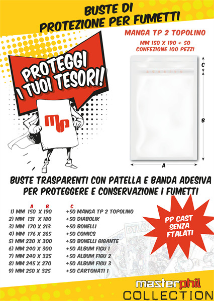 BUSTE PROTETTIVE per FUMETTI Formato MANGA TP2, BONELLI, COMICS confezione 100pz