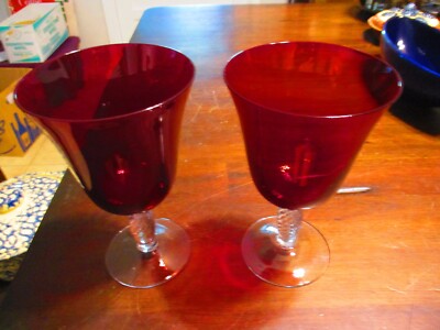 RUBY RED PAIR OF  GOBLETS CRYSTAL TALL 6.75'' STEMWARE BLOWN WINE OR WATER GLASS