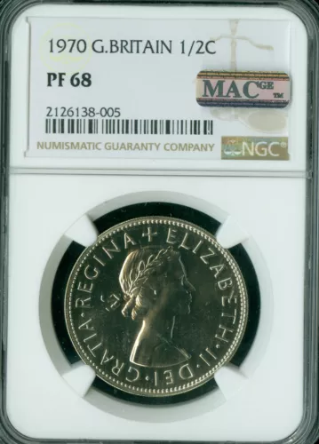 1970 GREAT BRITAIN 1/2 CROWN NGC PF68 PQ 2ND FINEST GRADE RARE *