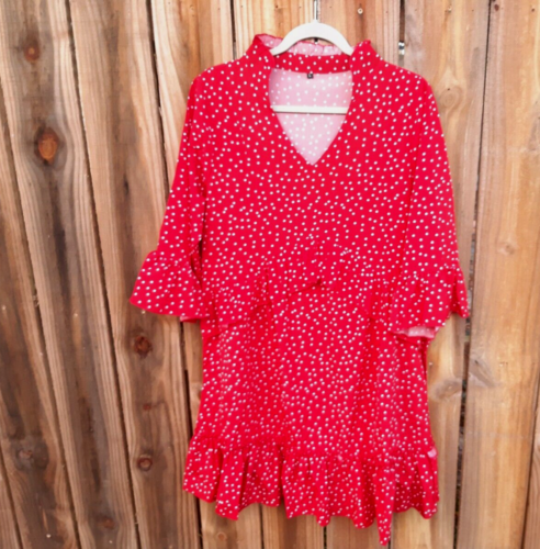 Red White Polka Dot Flowy Ruffle 3/4 Sleeve, V Neck Swing Knee Length Dress L