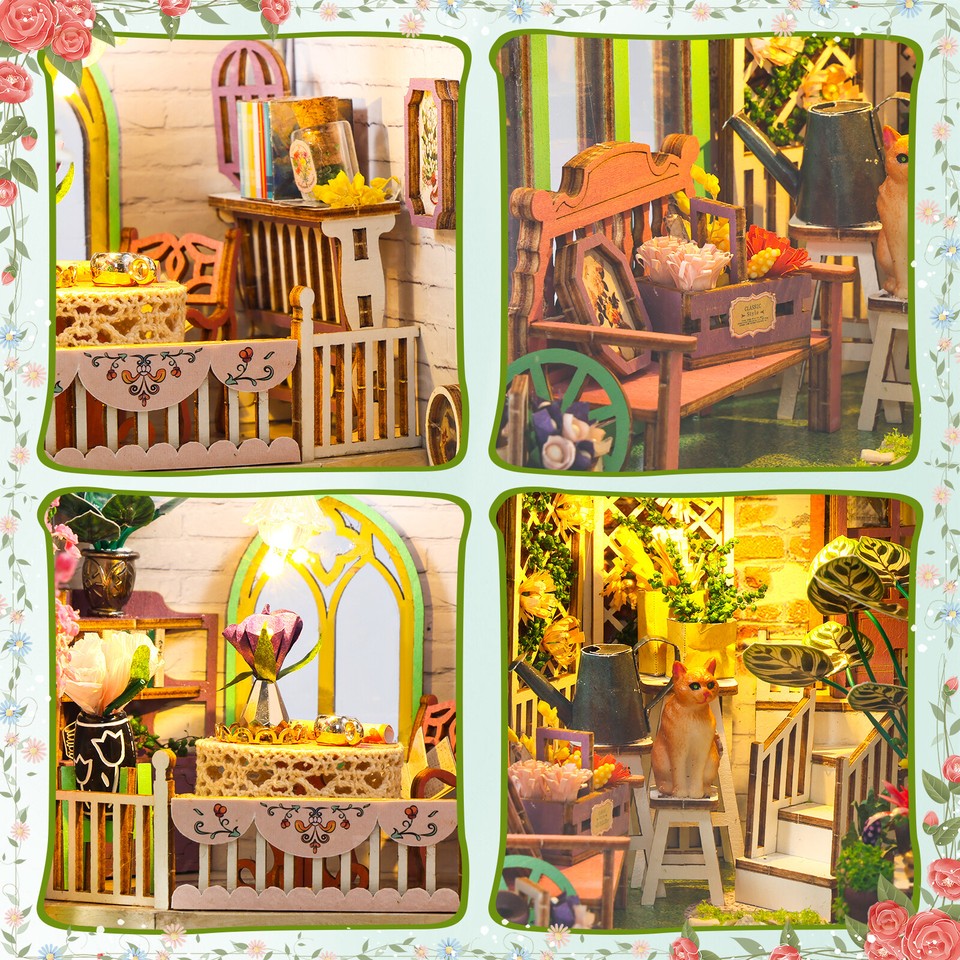 DIY Book Nook Kit 3D Wooden Puzzle Bookshelf Insert Decor with LED