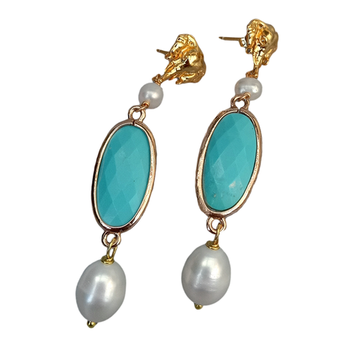 Blue turquoise oval Cultured White Pearl gold plated Stud Dangle Earrings - Picture 3 of 8