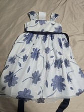 Toddler Girls White Navy Floral Mesh Tulle Party Sundress Ribbon Sash Size 3T...