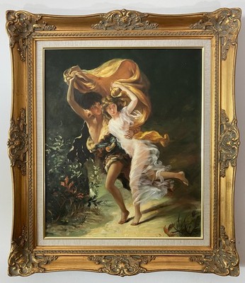 Large Oil Painting Lovers Running in the Rain Ornate Gold Frame