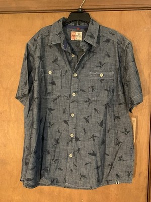 Ruff Hewn Men's Large short sleeves denim shirt blue w/ flying duck pattern NWT