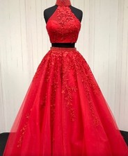Sherri Hill 51925 Red Two Piece Halter Neck Beaded Detail Prom Dress Size 4