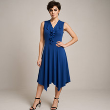 SAMUEL DONG M Blue Ruffled Zip-Front Silky Jersey Hanky Hem Sleeveless Dress NWT