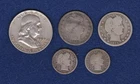 LOT OF 5 OLD US COINS 90% SILVER - Barber Quarters, Dimes; Franklin Half Dollar