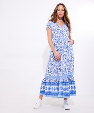 Joe Browns Women's PETITE Floral Print Lace Trim Maxi Dress, Blue, 6