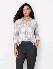 Talbots Petite LP Gray Plaid Button Front Shirt Roll Tab Dragonfly Hem