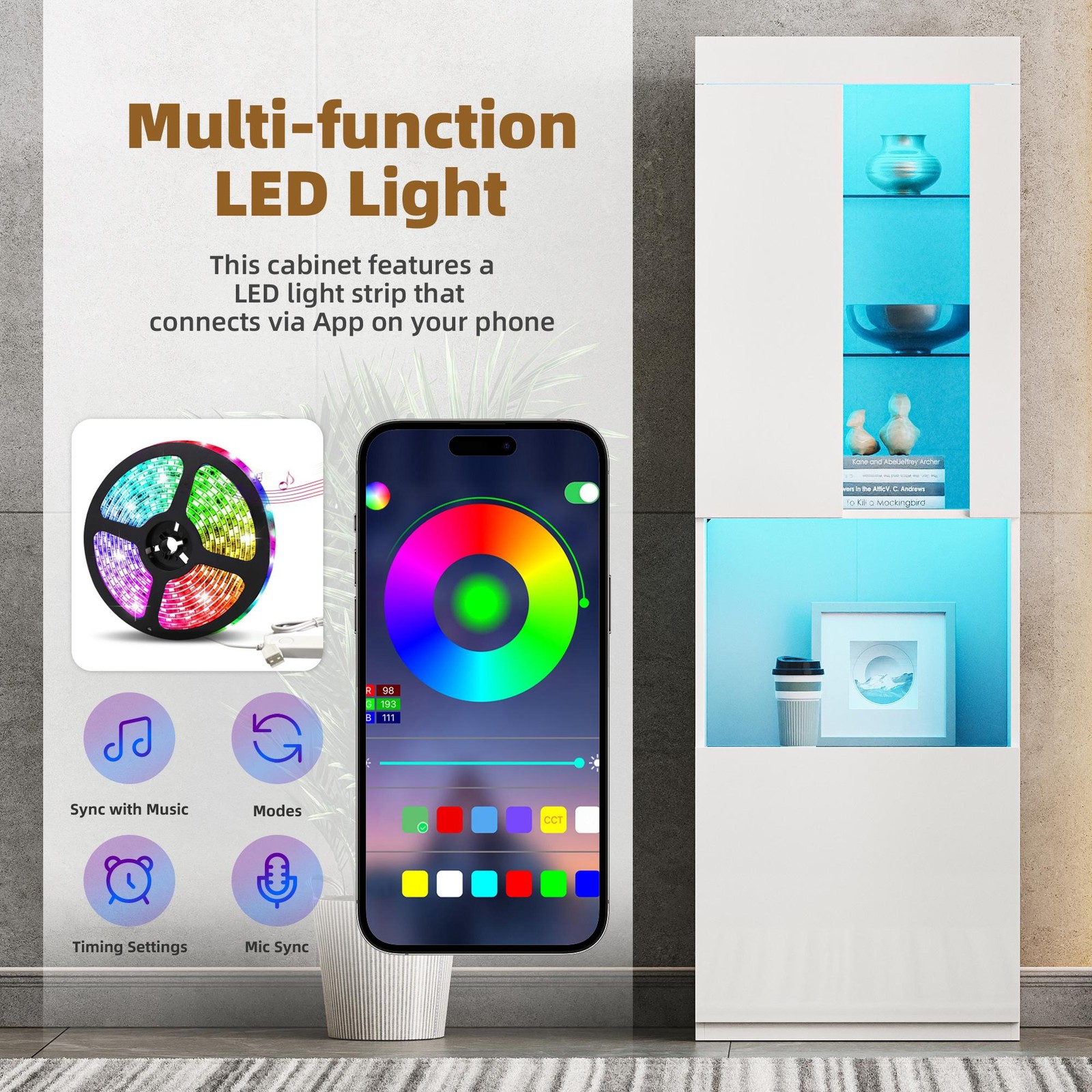 Vinsetto High Gloss Kitchen Storage Cabinet with LED Lights, White