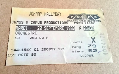 Ticket concert - Johnny HALLYDAY - 22 09 1992 - BERCY - Photo 1/4