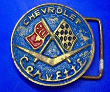Chevrolet Corvette Classic Crossed Flags Logo Solid Brass Belt Buckle -Taiwan