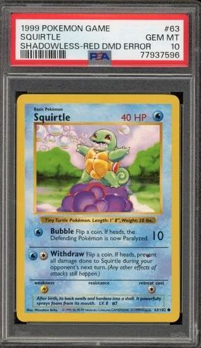 Pokemon Squirtle Base Set Shadowless #63 RED DIAMOND ERROR PSA 10 Gem Mint