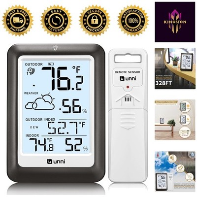 Stylish Wireless Indoor Outdoor Thermometer with Backlit Display - Metal Black