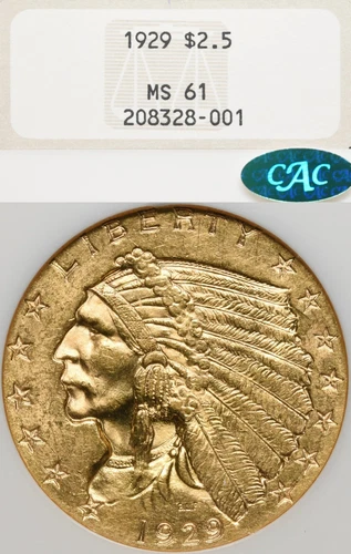 1929 $2.5 NGC MS61 CAC Gold Indian Head Quarter Eagle Old Fatty Holder