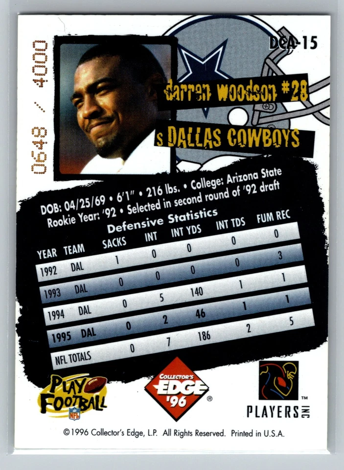 1996 Collectors Edge Darren Woodson DCA-15 Dallas Cowboys NFL /4000 - Image 2 of 2