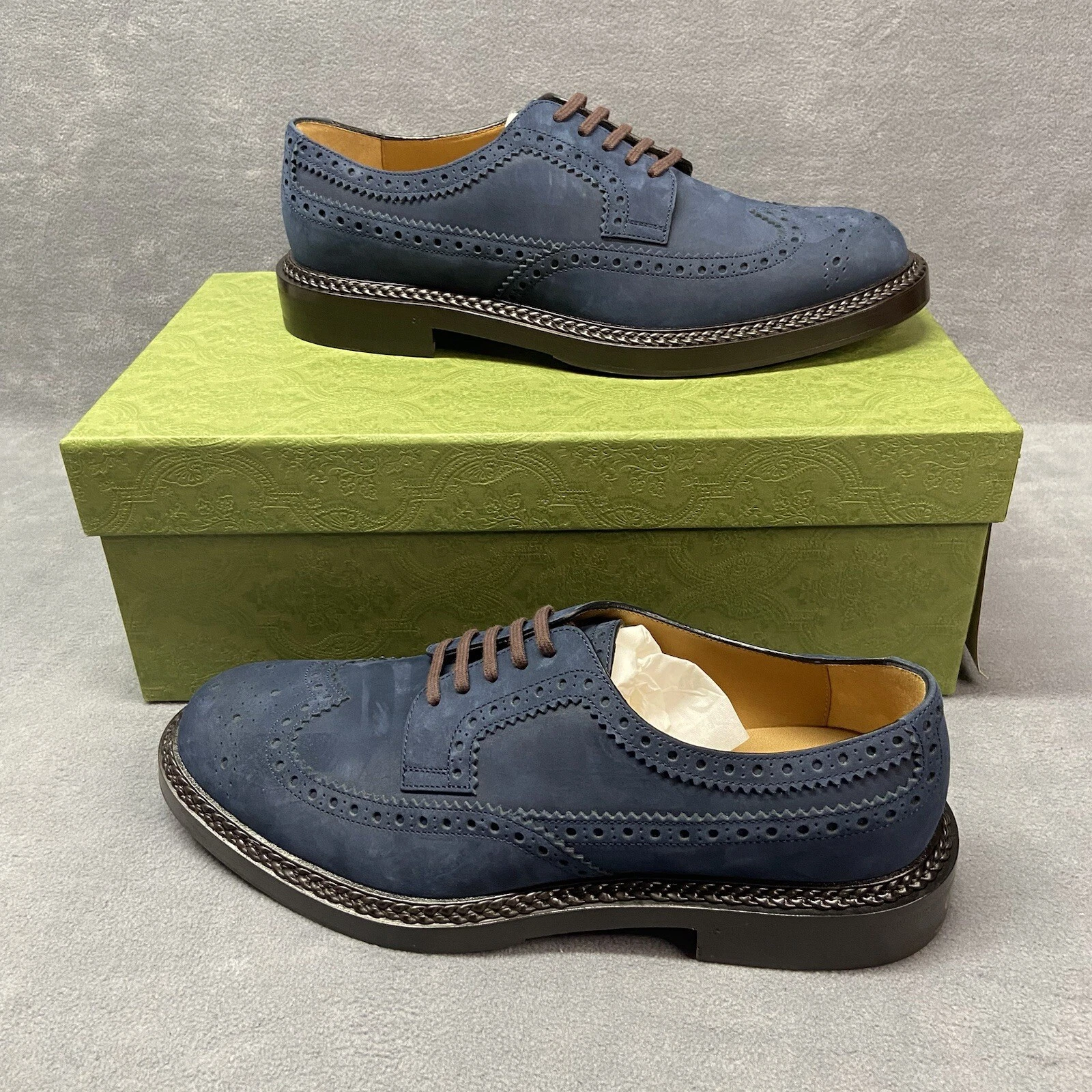GUCCI bleu nubuck derby bout d’aile brogues 669830 homme taille US 8 UK 7,5 Retai