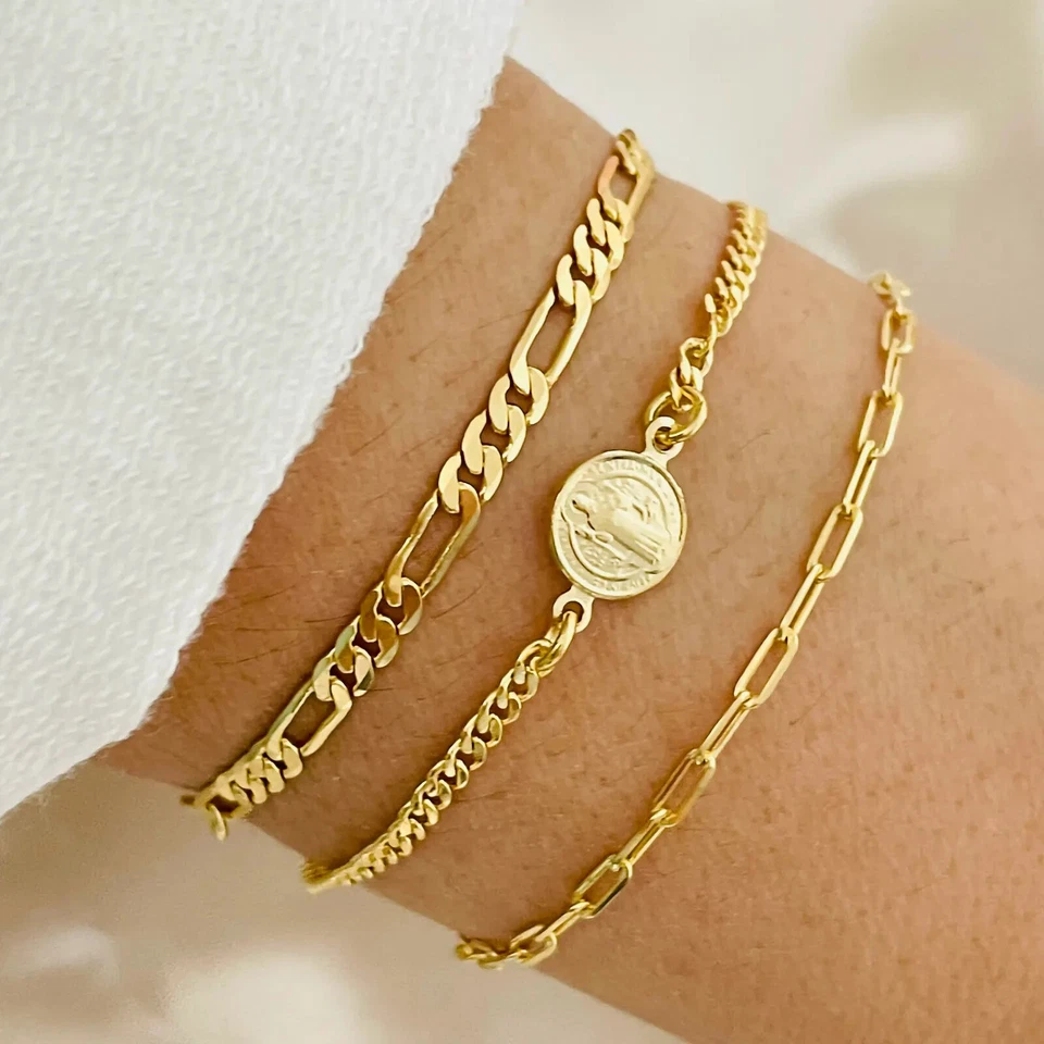 Juego de 3 brazaletes de protección San Benito rellenos de oro de 18 quilates Foto 3 de 4