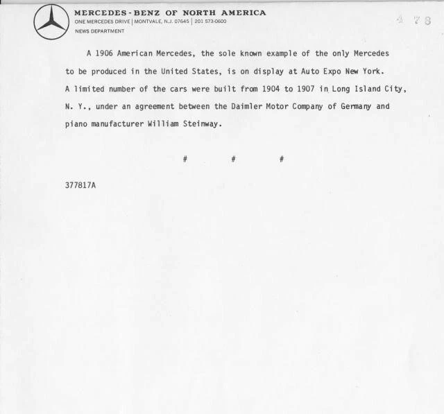 1906 Mercedes-Benz Produced in America Press Photo and Release 0023 - Image 2 of 2