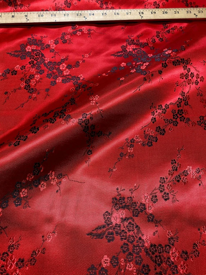 Red & Black Cherry Blossom Dogwood Brocade Faux Silk Fabric Material BTY Craft - Image 3 of 3