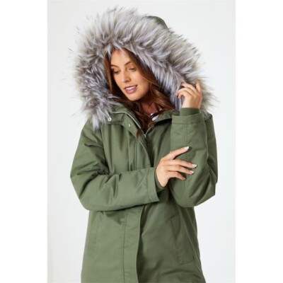 Ladies Cosy Khaki Parka Coat with Faux Fur Trim Hood Green Warm NEW Sizes  8-18 UK