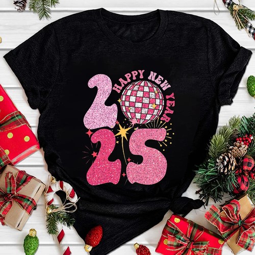 Happy New Year 2025 Women Fashion Top Clothes Women Short Sleeve Holiday Shirts - Picture 10 of 11