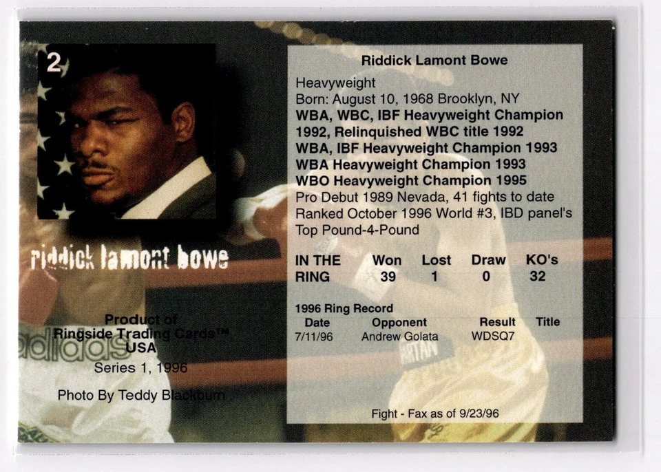 1996 Ringside #2 Riddick Bowe - Heavyweight Champion - Boxing - HOF - Image 2 of 2