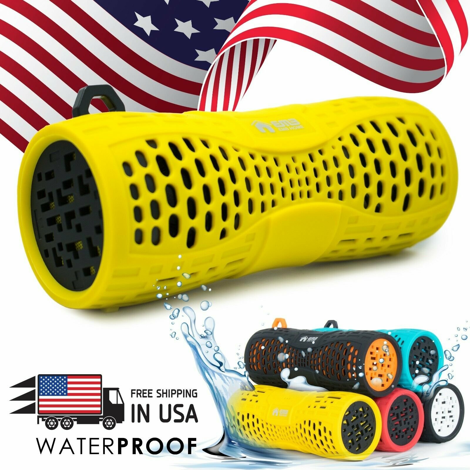 EMB Rechargeable Waterproof Speaker Outdoor Wireless Shower - Yellow w/ Bluetoot-image