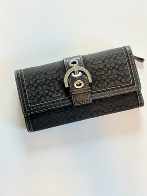 Coach Hamptons Black Signature Buckle Tri-Fold Long Wallet with Checkbook Insert