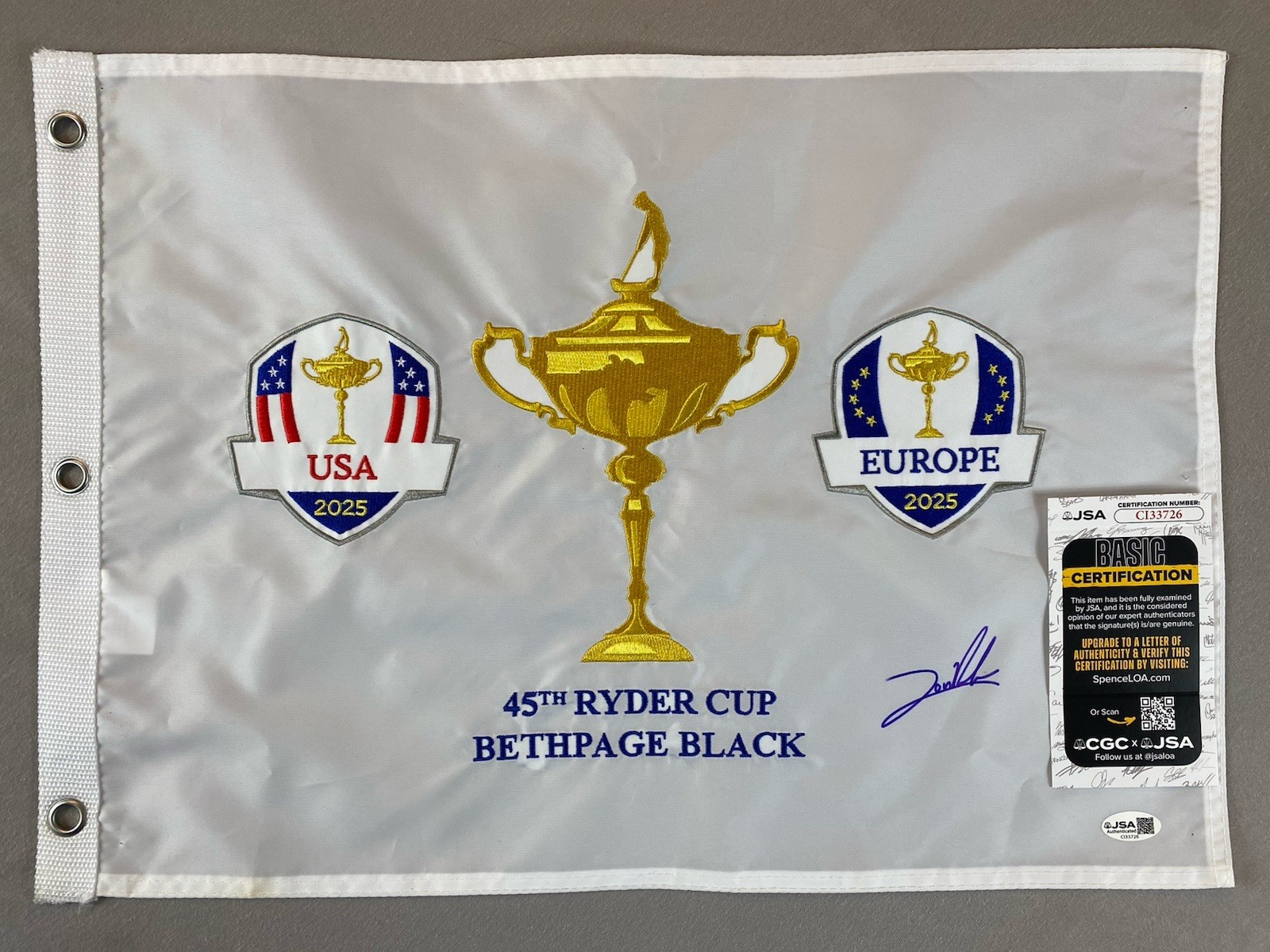Jon Rahm Autographed Signed 2025 RYDER CUP EUROPE- EMBROIDERED PIN FLAG JSA CI33726 