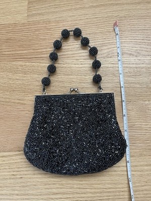 Obsidian/Dark Navy Beaded Evening Bag With Beaded Handle That Can Be Stowed Away