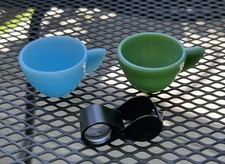 AKRO Agate Child TOY Teacups 2" GREEN And Blue Glass Cup Ribbed Pattern