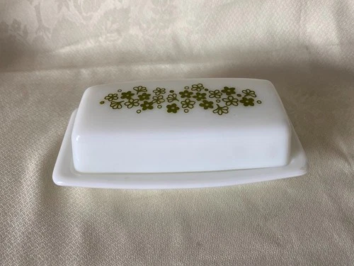 Pyrex Corelle Crazy Daisy Spring Blossom Butter Dish Vintage Green, 1/4 Pound