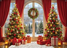 LYWYGG 118.1x82.6inch Christmas Backdrop Xmas Window 118.1x82.6inch, Red