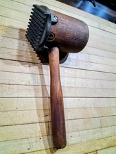 Vintage Wooden Meat Tenderizer Mallet – Cast-Iron Toothed Head