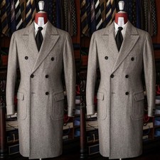 Wool Men's Long Overcoat Peak Lapel Formal Business Winter Outwear Men Long Coat