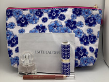 Est e Lauder Cosmetic Bag Set Blue Floral Including Three Makeup Items NEW