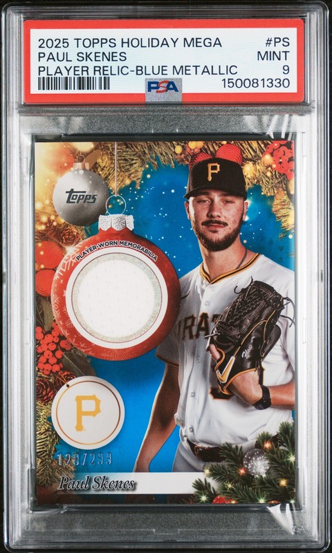 2025 TOPPS HOLIDAY MEGA PLAYER RELICS BLUE METALLIC PAUL SKENES 129/299 PSA 9