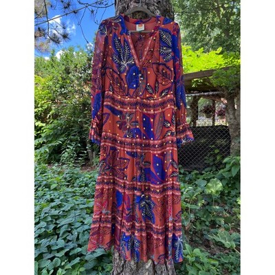 FARM RIO Wild Jungle Brown Boho Tiered Long Sleeve Midi Dress Sz L LNWOT