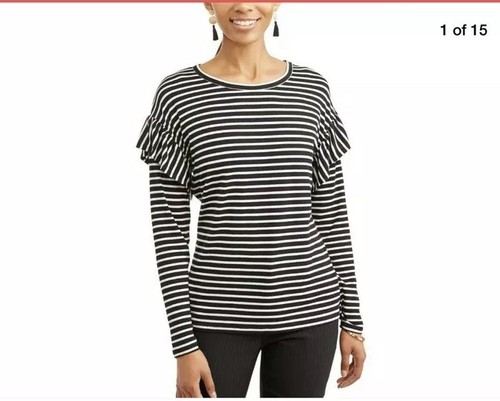 Time & Tru Ruffle Sleeve Long Sleeve Top S CH (4-6) Black Soot Winter White - 第 1/4 張圖片