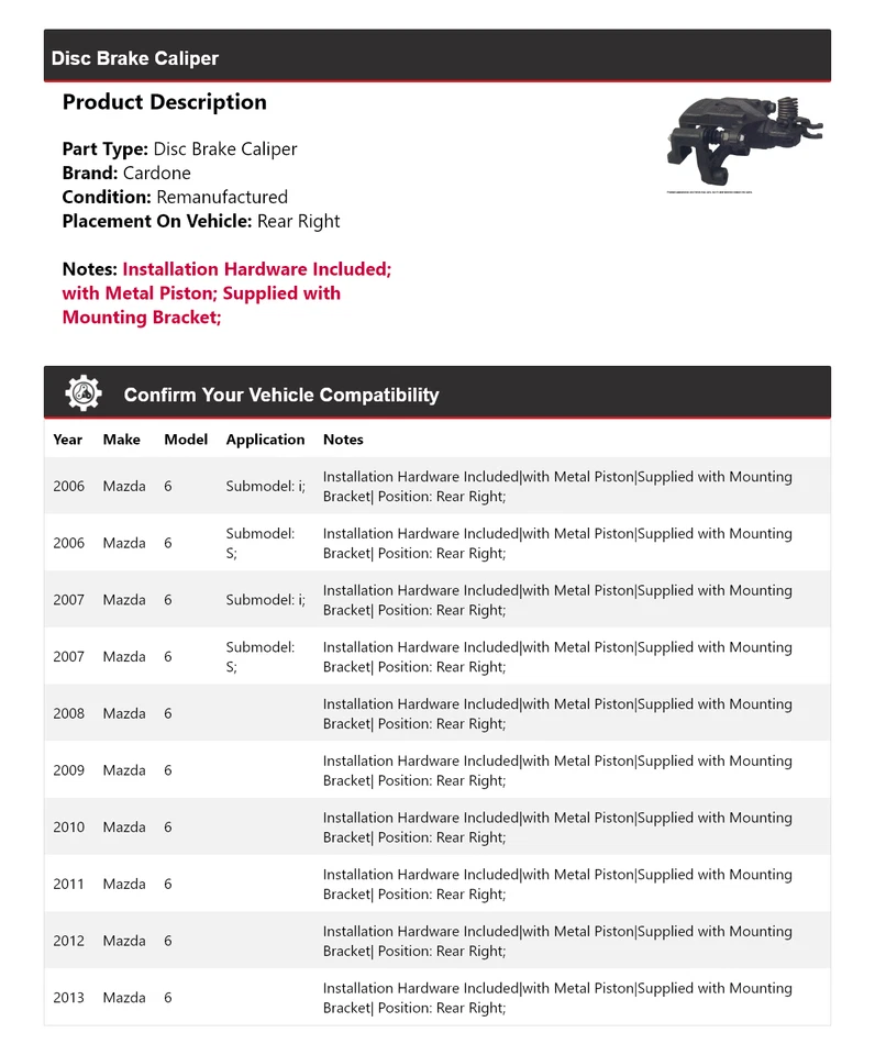 Pinza de freno de disco trasera derecha Cardone 2007 2008 2009 2010 para Mazda 6 2006-2013 Foto 2 de 4
